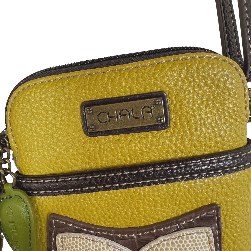 CHALA Crossbody Cell Phone Gold Vegan Pebbled Leather Bag Wide Eyed Owl - Picture 6 of 14